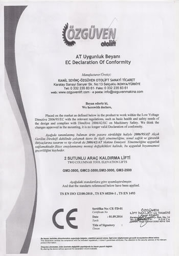 �z G�ven oto lift CE sertifikas�